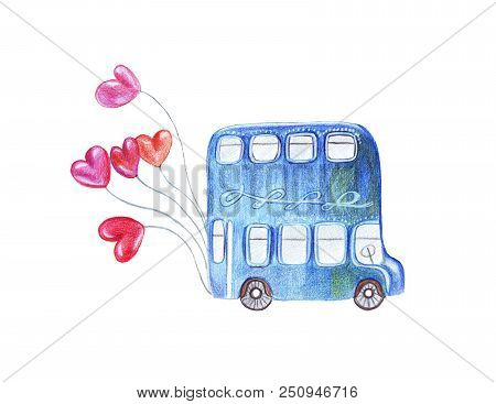 Hand Drawing Watercolor Pencils Machine With The Newlyweds Riding On A Journey With Hearts In The Fo