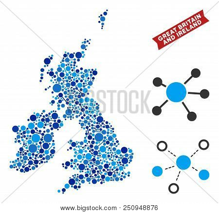 Network Great Britain And Ireland Map Mosaic. Abstract Territorial Plan Of Connections In Blue Color