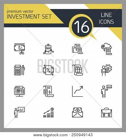 Investment Icons. Set Of  Line Icons. Report, Accounting, Insurance. Finance Concept. Vector Illustr