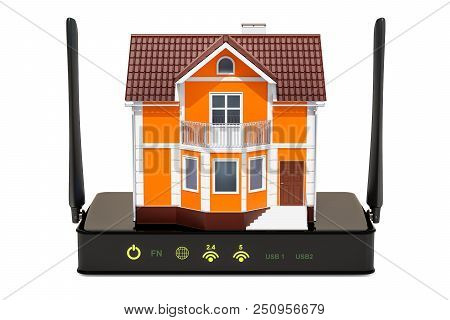 Wireless Internet Router With Home. Internet Connection Concept. 3d Rendering Isolated On White Back