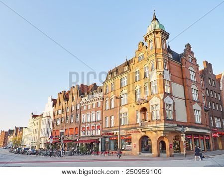 Hamburg, Germany - April 09, 2017: Lubeck Old City Center Street View