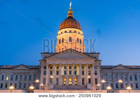 Exterior Of The Kansas State Capital Building In Topeka, Kansas At Night
