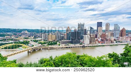 Pittsburgh, Pa - June 16, 2018: Pittsburgh, Pennsylvania Skyline  Overlooking The Allegheny Monongah