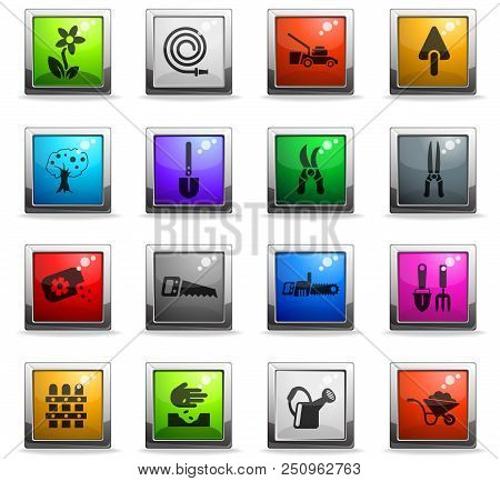 Landscape Design Web Icons In Square Colored Buttons For User Interface Design