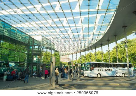Hamburg, Germany - June 19, 2018: People At A Central Hamburg Bus Station. The Designers Of The Stat