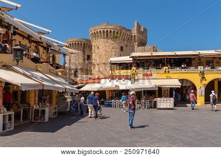Rhodes, Greece - May 13, 2018: Hippocrates Square In Rhodes Medieval Town, Greece