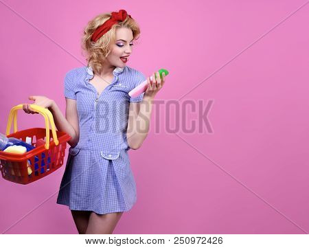 Woman Buys Cleaning Products For Cleaning In Supermarket. Pin Up Girl On Shopping. Woman With Basket