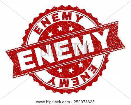 Enemy Seal Print With Distress Texture. Rubber Seal Imitation Has Circle Medal Form And Contains Rib