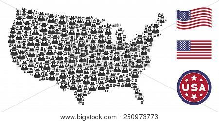 Spy Pictograms Are Arranged Into American Map Stylization. Vector Concept Of American Territorial Ma