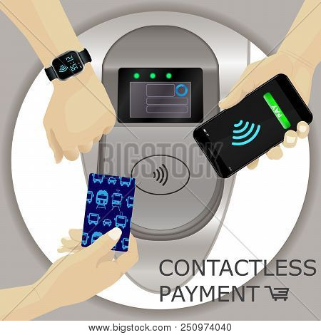 Airport, Metro, Subway Ticket Terminal For Wireless Payments. Rfid. Hand Holding Card, Smartphone, S
