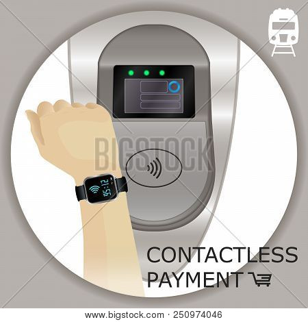 Airport, Metro, Subway Ticket Terminal For Wireless Payments. Rfid. Hand With Smartwatch For Transpo