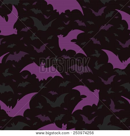 Flying Halloween Bats Vector Pattern, Hand Drawn Seamless Purple Bat Silhouette Illustration For Sea