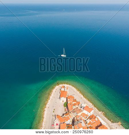 Aerial View Of Old Town Piran. Splendid Summer Day On Adriatic Sea. Beautiful Cityscape Of Slovenia,