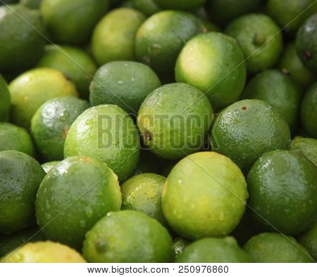 Fresh Green Limes On The Fruit Market. Close-up Photo