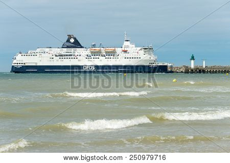Calais, France - 19 June 2018: A Dfds Cross Channel Ferry Is Arriving To Calais