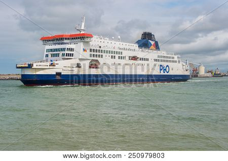 Calais, France - 19 June 2018: Cross Channel Ferry Leaving The Port Of Calais.