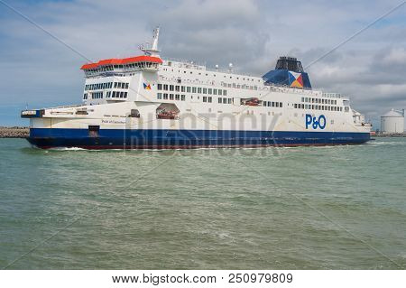 Calais, France - 19 June 2018: Cross Channel Ferry Leaving The Port Of Calais.