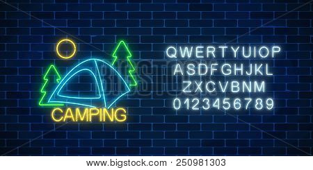 Neon Camping Sign With Spruce And Tent. Glowing Web Banner For Summer Camp, Camping, Nature Tourism 