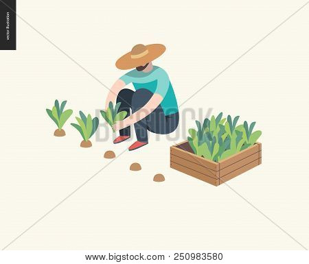 Harvesting People, Fall -flat Vector Concept Illustration Of A Man Wearing Straw Hat Sitting On The 