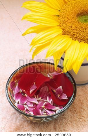 Toalha, girassol e pétalas de aromaterapia