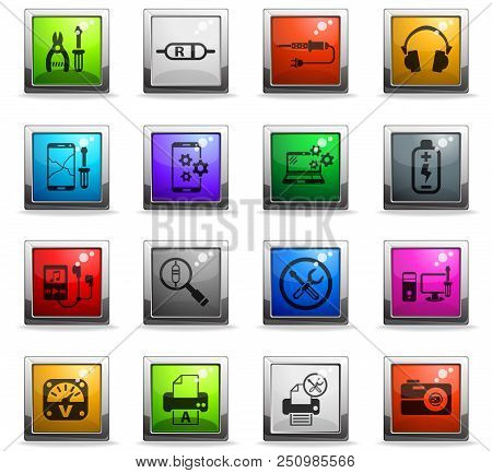 Electronics Repair Web Icons In Square Colored Buttons