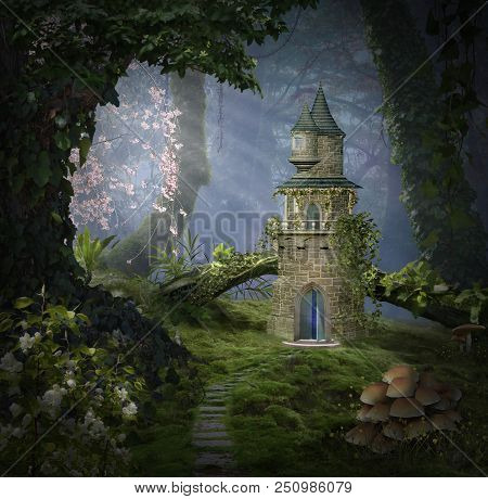 Fantasy Castle In The Forest. Photomanipulation. 3d Rendering