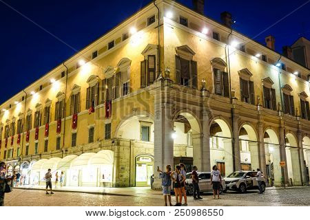 Ferrara, Italy - July, 23, 2018: street in the historical center of Ferrara at a night