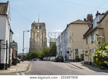 Beccles, Suffolk, Uk, July 2018 - View Of Saint Michaels Bell Tower From Saltgate, Beccles, Suffolk,
