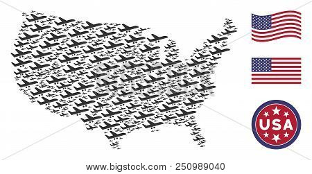 Aiplane Items Are Arranged Into American Map Mosaic. Vector Concept Of American Territory Map Is Des