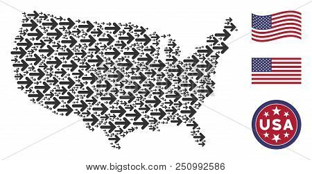 Right Arrow Items Are Combined Into American Map Mosaic. Vector Composition Of American Territory Sc