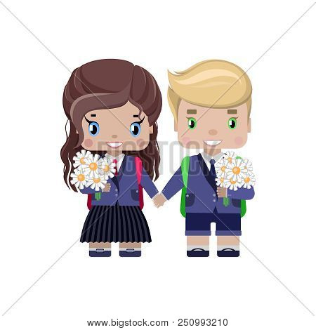 Children Schoolchildren, Boy And Girl In School Uniform, With Flowers And Backpacks. (first-graders)