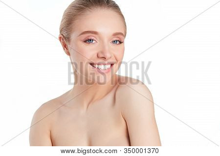 Portrait Of Beautiful Woman With Natural Make Up On White Background