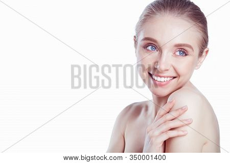 Portrait Of Beautiful Woman With Natural Make Up On White Background