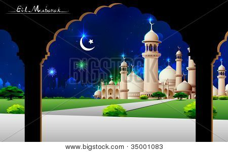ilustrace Eid Mubarak pozdrav na pozadí mešita