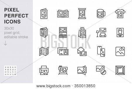 Photo Printing Line Icon Set. Brand Identity Printed On Products Like Brochure, Banner, Mug, Plotter