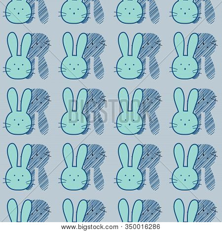 Seamless Pattern With Blue Cartoon Rabbits, Vector Illustration