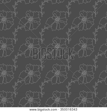 Seamless Pattern With Beautiful Stylized Flower Outline On Black Background. Vector Illustration, Ha