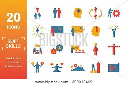 Soft Skills Icon Set. Include Creative Elements Team Spirit, Personality, Self-promotion, Motivating