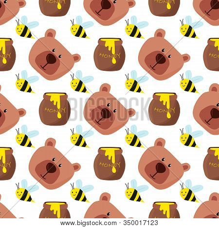 Seamless Pattern With Cute Bears, Bees And Pots Of Honey. Vector Illustration, Hand Drawn. Design Fo