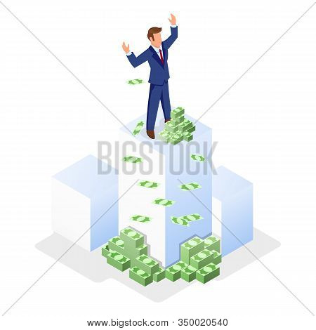Businessman In Formal Suit Standing On White Cube Near Money And Lifting Hands Up. Financial Success
