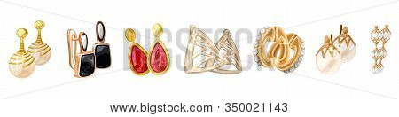 Vector Realistic Set, Assortment Of Different Style Golden Earrings And Earclips With White, Blue, R