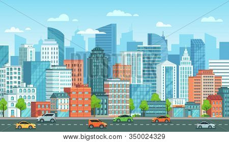 Cityscape With Cars. City Street With Road, Town Buildings And Urban Car Cartoon Vector Illustration
