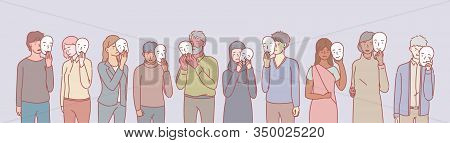 Set Of Multiethnic People With Masks Concept. Group Of Multinational Men And Women With Psychologica