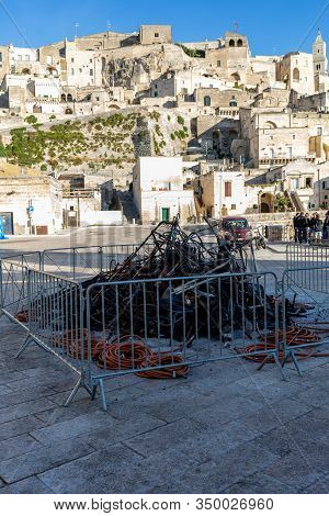 Matera, Italy - September 15, 2019: Bond 25, Scenography Elements Used For Explosion And Fire Scenes