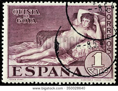 Luga, Russia - October 05, 2019: A Stamp Printed By Spain Shows Painting The Nude Maja By Spanish Ro