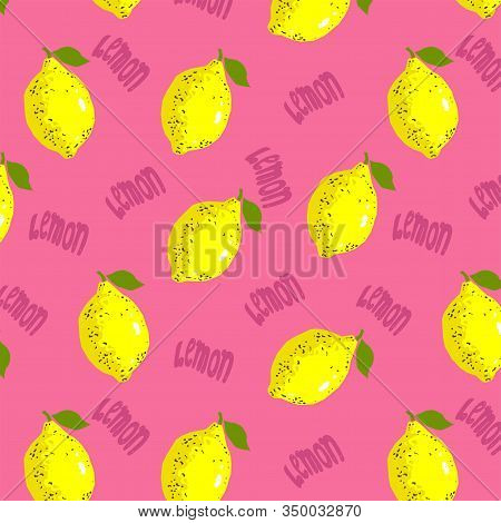 Fruits Pattern With Yellow Fresh Lemons And Green Leaves On Pink Background. Great Element For Food 