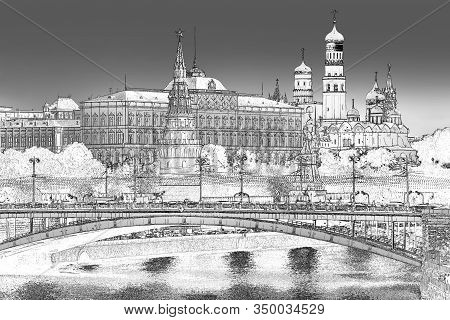 Moscow Kremlin. The Photo Is Stylized As A Graphic Image.