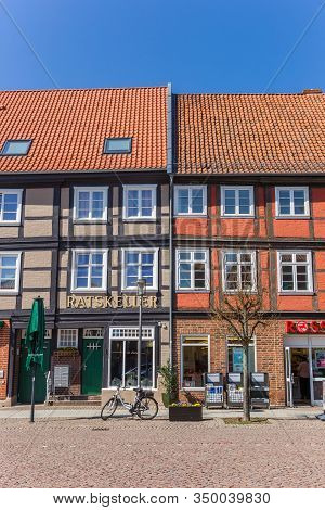Boizenburg, Germany - April 16, 2019: Shops In Half Timbered Houses In Boizenburg, Germany