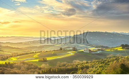 Volterra Panorama, Rolling Hills, Green Fields And White Road. Tuscany, Italy Europe.