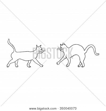 Two Cats Go Towards Each Other, One Arched Its Back And Wary. Doodle Black And White Illustration On